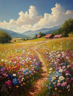 a painting of a flower field with a dirt path leading through it to some barns