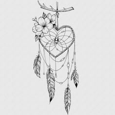 a drawing of a heart with feathers and flowers