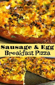 sausage and egg breakfast pizza on a pan with one slice missing from the pie,