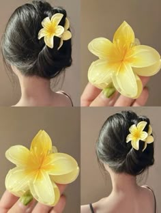 four pictures of a woman's hair with yellow flowers in her hair, and three different views of the same flower