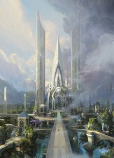 an artistic painting of a futuristic city with tall buildings and large towers in the sky