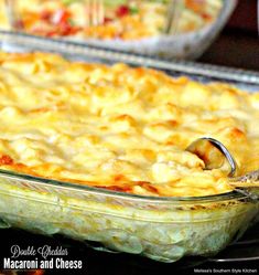 a casserole dish filled with macaroni and cheese