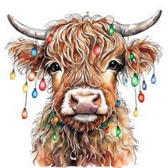 a watercolor painting of a brown cow with christmas lights on its head and horns