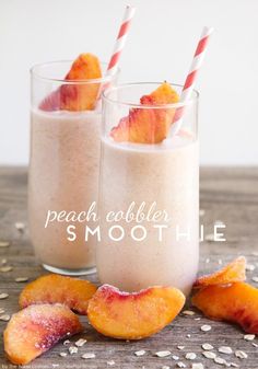 two glasses filled with peach cobbler smoothie