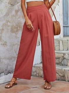 Redwood Casual Collar  Viscose Plain Wide Leg Embellished Non-Stretch Spring/Summer/Fall Women Bottoms Outfit Pantalon Ancho, Casual Oufits, Wide Leg Pants Outfit, High Waisted Wide Leg Pants, Women Bottoms, High Waist Wide Leg Pants, Trouser Outfits