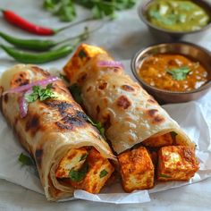 two burritos on a plate with dipping sauce