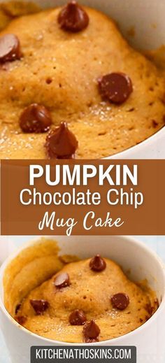 pumpkin chocolate chip mug cake in a white baking dish with text overlay that reads pumpkin chocolate chip mug cake