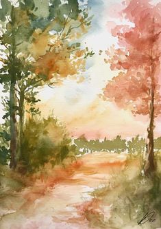 a watercolor painting of trees and dirt road in the woods with sunset behind them