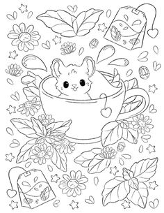 a coloring page with an image of a mouse in a teacup surrounded by flowers