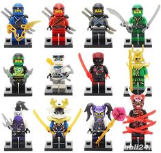 the lego ninjas are all in different colors and sizes, with numbers on them