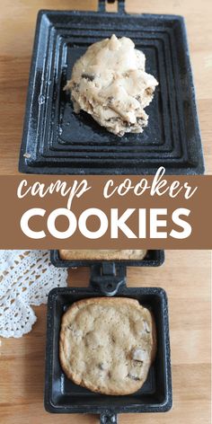 some cookies are sitting in pans on top of a wooden table with the words camp cooker cookies above them