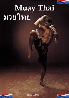 an image of a man doing yoga in front of the words, muay thai