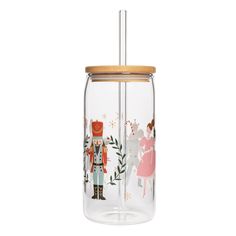 a glass jar with a wooden lid and an image of a nutcracker on it