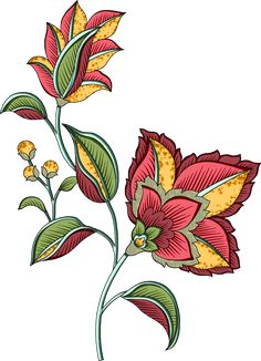 a red flower with green leaves and buds on a white background, hand drawn illustration