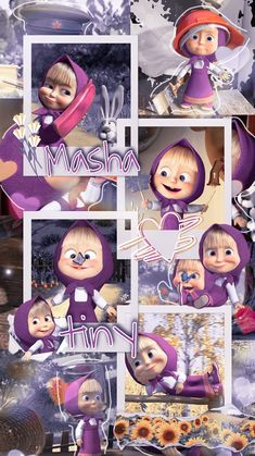 an image of some cartoon characters in purple outfits and white hats, with the words mash on them