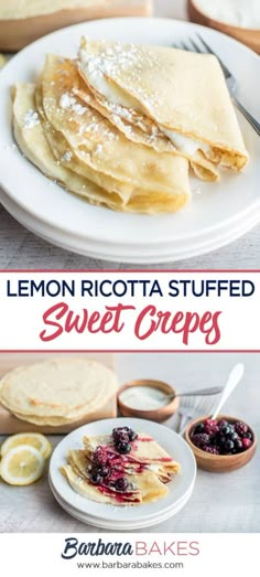 lemon ricotta stuffed sweet crepes on a white plate