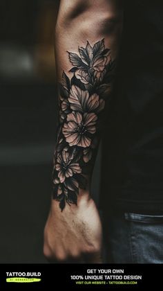 a man's arm with flowers on it and the words get your own design