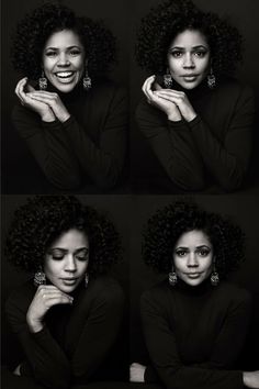 a black and white photo of a woman with curly hair