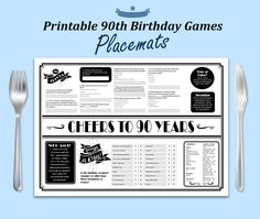 the printable 90th birthday games are on display with forks and spoons next to it