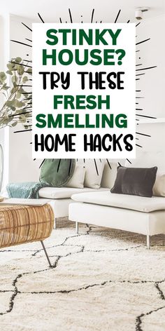 a living room with white furniture and green lettering on the wall that says stinky house? try these fresh smelling home hacks