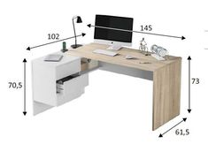 an office desk with drawers and a computer monitor on it, labeled in the measurements