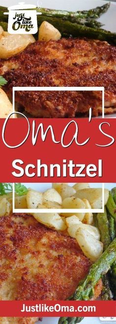 there is a plate with some meat and asparagus on it that says oma's schnitzel