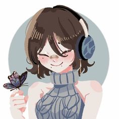 a girl with headphones holding a butterfly