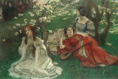 two women sitting on the grass in front of some trees and one is holding a guitar