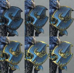 four pictures of the same blue and gold armor with two heads on each side, one is