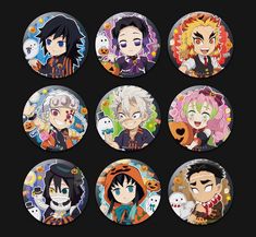 six buttons with anime characters on them, all in different colors and sizes are shown