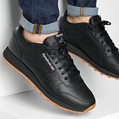 Find ideas๏ฟฝand inspiration for Reebok Classic Leather Black Gum Shoes Sneakers Sizes 8 - 13, Mens Shoes Black Outdoor Sneakers With Perforated Toe Box, Reebok Shoes Men, Rebook Classic, Black Leather Skateboarding Sneakers, Black And White Reebok Shoes, Reebok Classic Mens, Gum Shoes, Reebok Classic Leather Black, Reebok Classic Leather Sneakers