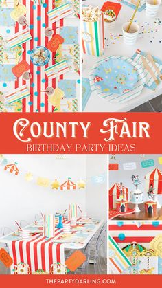 Carnival party decorations, including plates, cups, napkins, cupcake wrappers, and table decor, for a county fair birthday party Carnival Birthday Party Indoor, State Fair Birthday Party, Fair Birthday Party Theme, Circus Theme Birthday Party