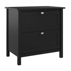 a black nightstand with two drawers on top and one drawer open to show the bottom