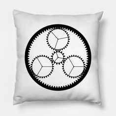 a black and white image of three gears in a circle on a square pillow cover