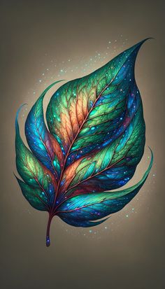 a painting of a green leaf with blue and orange leaves on it's side