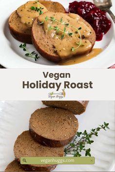 vegan holiday roast recipe on a plate with cranberry sauce