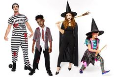 three people dressed up as witches and one is wearing a striped shirt with black stripes