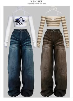 two women's jeans with long sleeves and wide legs are shown in three different colors