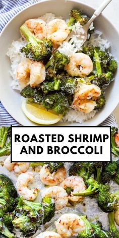 shrimp and broccoli in a white bowl with lemon wedges on the side