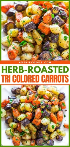 Complete your Thanksgiving menu with this oven roasted tri colored carrot recipe! Crisp-tender and lightly caramelized, these Herb-Roasted Tri-Colored Carrots are perfection. Your family will love this easy Thanksgiving side on weeknights, too! Samosa Recept, Vegetable Korma Recipe, Thanksgiving Diner, Carrots Side Dish, Roasted Rainbow Carrots, Vegetable Casserole Recipes, Korma Recipe, Rainbow Carrots, Easter Dinner Recipes