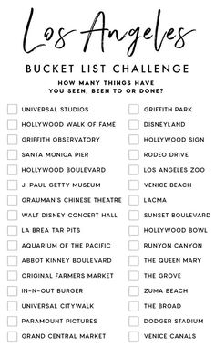 the los angeles bucket list is shown in black and white with text overlaying it