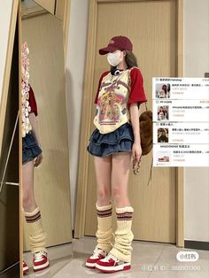 Mini Skirt Reference, Cute Outfits Aesthetic Korean Skirt, Red Acubi Fashion, Shorts Under Skirt Outfit, Harajuku Skirt Outfit, 2000 Mini Skirt Outfit, Cute Outfits Gyaru, Mini Shirt Outfit Ideas, Aesthetic Japan Outfit