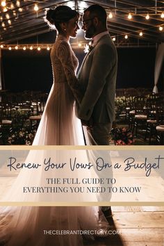 a bride and groom standing in front of an event tent with the words, renew your vows on a budget