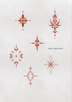 six different designs on white paper with red ink