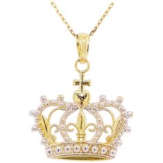 Queen Crown Pendant - made for a queen! Crown made in 10k mixed metals of 10k yellow gold and 10k white gold. This exquisite 10K yellow and white gold pendant has an ornate crown design that resembles a gorgeous Renaissance crown fit for a queen or king. This crown also features many hidden symbols, such as a cross, heart, and fluer de lis. This romantic crown pendant is worn on an 18 inch chain. It would make the perfect gift for your loved one or yourself! The details for this beautiful necklace are listed below: Metal Quality: 10K Yellow and White Gold Pendant Style: Crown Length (With Loop): 24.35 millimeters Width: 19.87 millimeters Chain Type: Cable Chain Length: 18 inches Clasp: Lobster Chain Diameter: .80 millimeters Weight: 3.5 grams A Queen Crown, Hidden Symbols, Heart Cross Necklace, Art Deco Pendant Necklace, Italian Gold Jewelry, Crown Pendant Necklace, Fluer De Lis, Crown Pendant, Crown Earrings