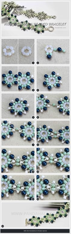 the instructions for making beaded bracelets with beads and flowers on them, including pearls