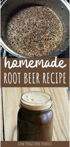 homemade root beer recipe in a pot with text overlay that reads, homemade root beer recipe