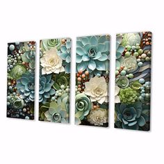 three canvases with succulents and other plants in them on the wall