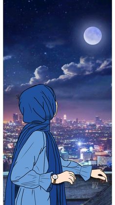 a woman standing on top of a roof looking at the moon in the night sky