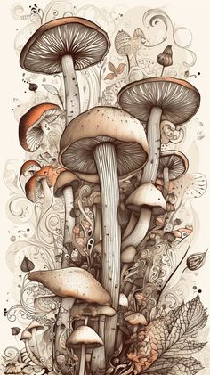 an artistic drawing of mushrooms and leaves in the forest with ink art work on it